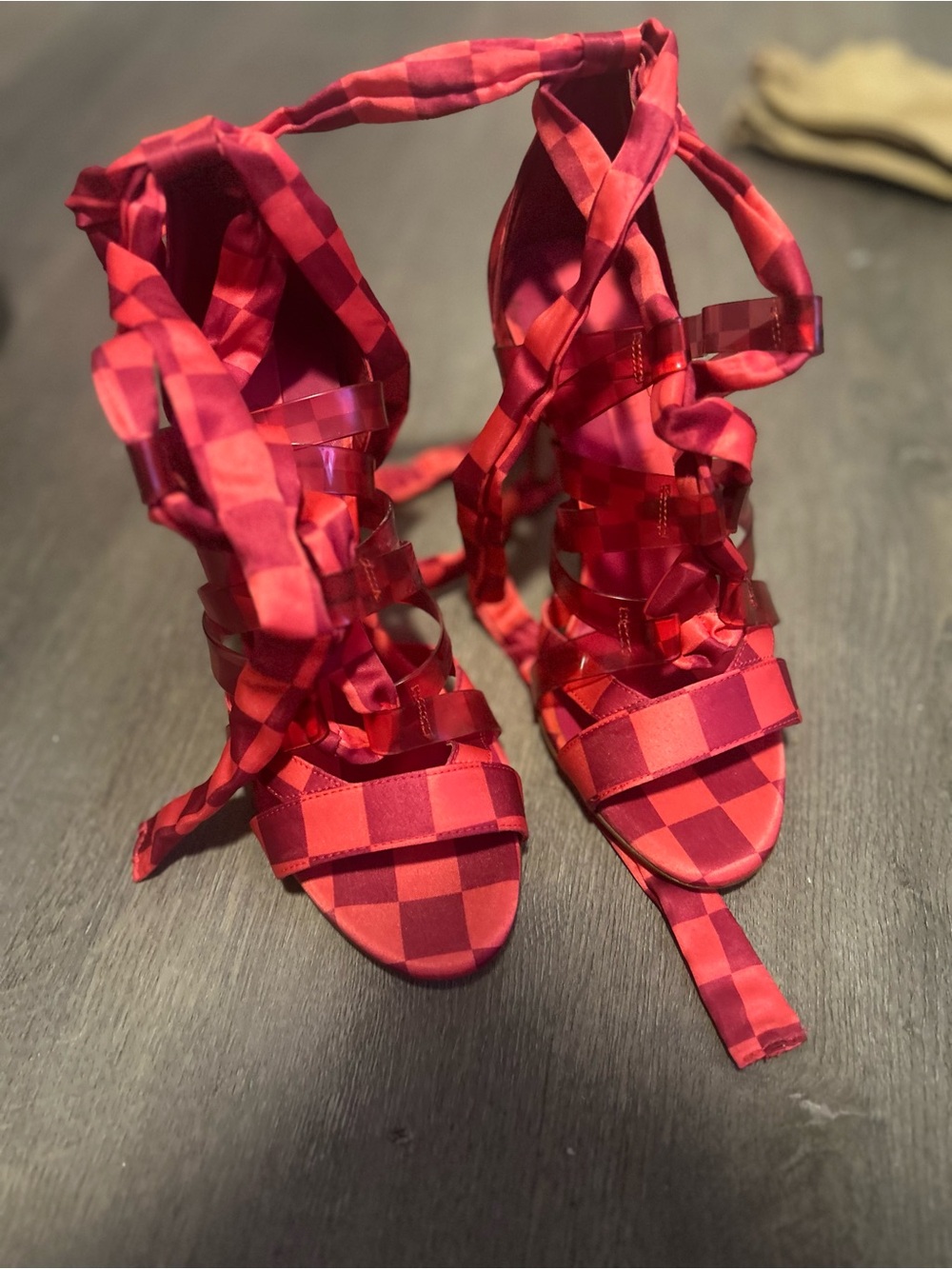 Gianni Bini Red Checkered Lace-Up Heels